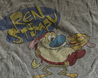Vintage anni '90 Nickelodeon Ren e Stimpy Logo Grigio Uomo XL T-Shirt a maniche corte