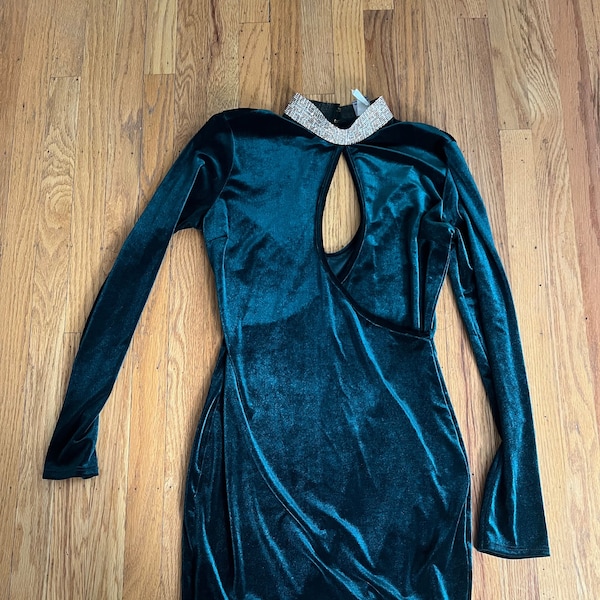 90s-00s Green Velvet Long Sleeve Dress with High Neck and Embellishments in Gold and Silver, Cutout on Bust