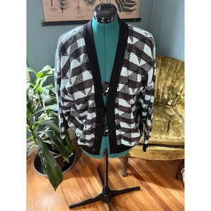 80er-90er Vintage Blau und Schwarz Karo LS Cardigan von Barolo