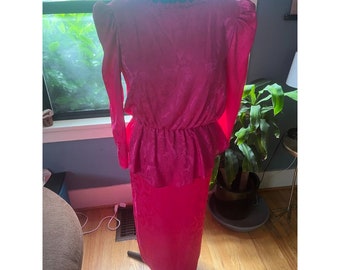 80s Bright Pink Ankle Length Dress with Peplum Overlay Skirt, Long Sleeves, Elastic Waist