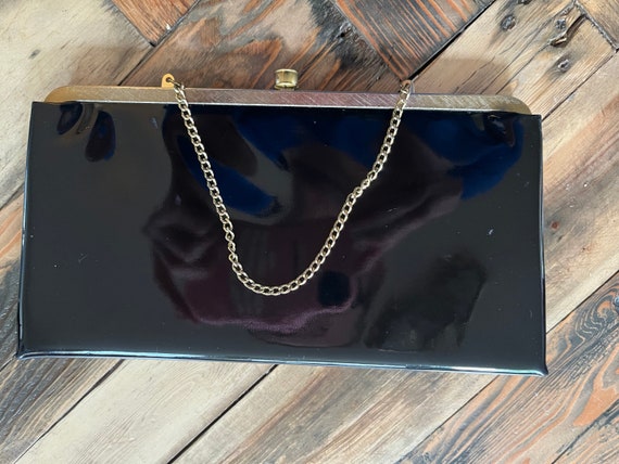 Vintage 70s Black Patent Leather Clutch with Gold… - image 4