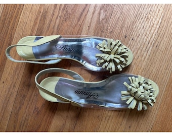 Vintage 60s Pale Yellow Mini Wedge Heel Slingback Peep-Toe Shoes with Clear Sides by Amano Size 7.5