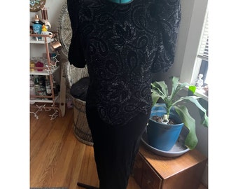 Vintage 1980s Black Velvet + Sparkle Dramatic Keyhole Back + Large Sleeves Maxi Formal Dress Scott McClintock