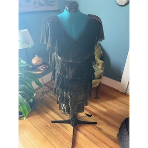 80s Black with Gold Accented Layered Short Sleeve Dress Cocktail Formal Wedding Guest