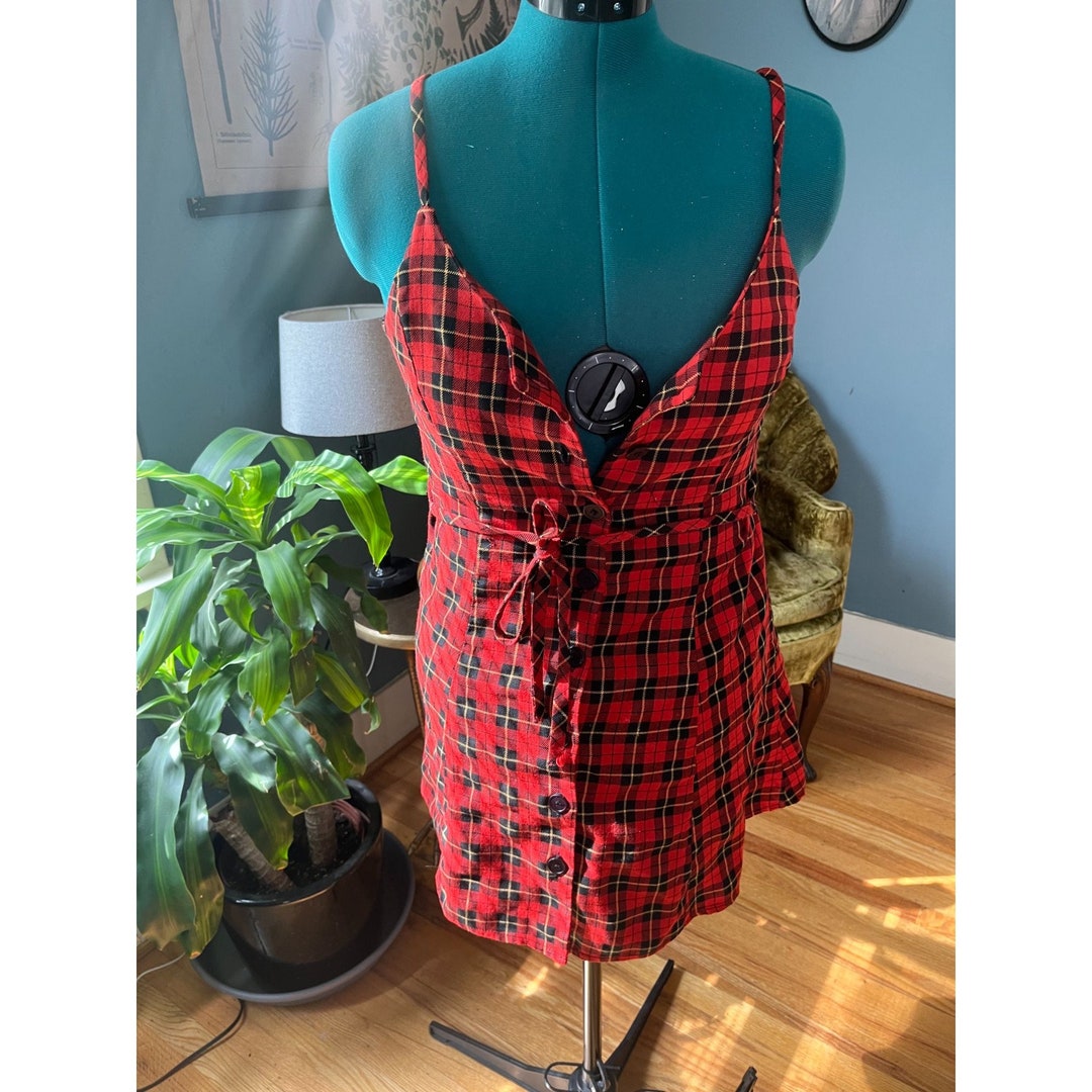 Vintage 90s Red + Black Plaid Spaghetti Strap Grunge Punk