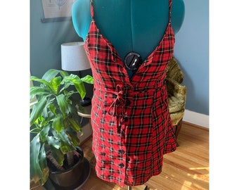 Vintage 90s Red + Black Plaid Spaghetti Strap Grunge Punk Button-Down Mini Dress by Rampage