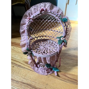 Vintage Wicker Pink Peacock Floral + Lace Mini Chair for Dolls, Plants