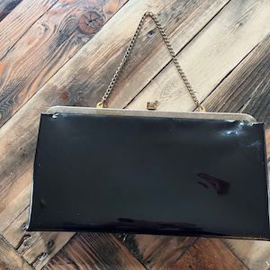 Vintage 70s Black Patent Leather Clutch with Gold Chain Strap by After Five Made in USA