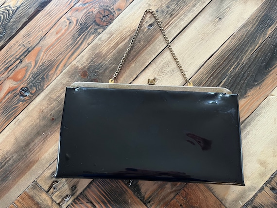 Vintage 70s Black Patent Leather Clutch with Gold… - image 1