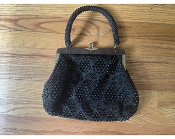 Vintage Black Beaded Clutch Purse with Tortoise Shell-Style Snap Closure Top and Short Short Handle