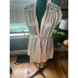Vintage 60s Pink Peach + White Lace Silky + Sexy Robe with Cinching Sash
