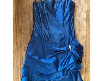 Y2K Dark Teal Blue Satin Strapless Mini Dress with Rhinestone Embellishment and Pickups