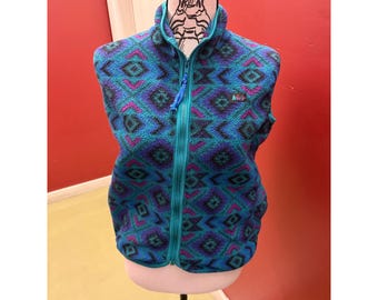 VTG 90s REI Tribal Fleece Vest Teal Blue Purple Kids Extra Large/Adult XS
