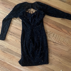 Vintage 80s Black Glitter + Beaded With Beaded Cutout Back Evening Long-sleeve  Mini Dress by Zum Zum - Etsy