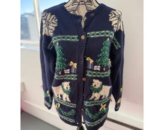 VTG 90s Blue Holiday with Presents, Christmas Tree, Polar Bears, Greenery Button-Up Chunky Oversized Sweater