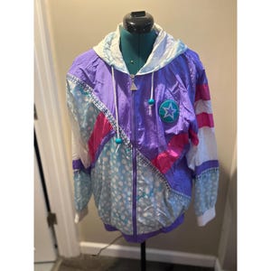 Vintage 1980s Pastel Blue, Pink + White Star Windbreaker Bold Bright Breathable