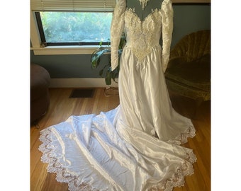 80s Satin, Lace, Sequin + Beaded Wedding Dress with Long Sleeves Long Train and Brimmed Hat with Veil
