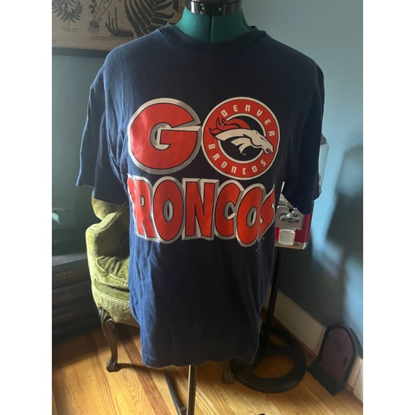 Vintage 90s Denver Broncos "Go Broncos" Navy + Orange Tee with Elway Lineup