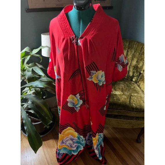 70s Vintage Silky + Soft Red + Multicolored Flora… - image 1
