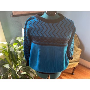 80s Blue + Black Acrylic Long Sleeve Sweater with Geometric Design