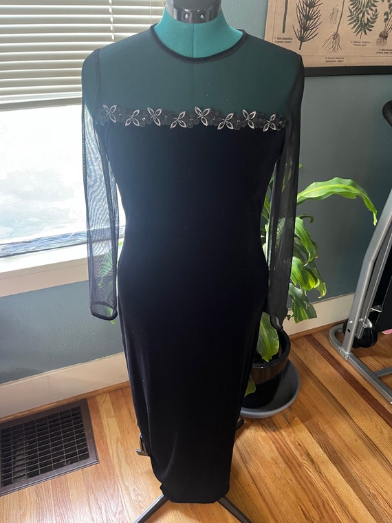 Vintage 90s Y2K Jessica Howard Long Velvet Mesh Illusion Dress With Mesh Long Sleeves and Embroidered Flower Embellishment Etsy Ireland