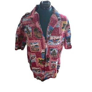 Vintage 90s Hawaiian Santa Red + Multicolor Holiday Hawaiian Button-Up Shirt Made in USA