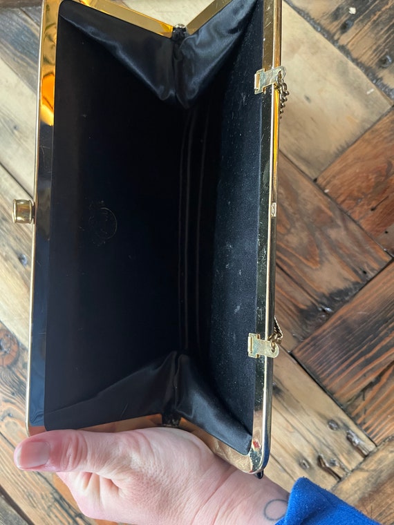 Vintage 70s Black Patent Leather Clutch with Gold… - image 5