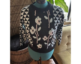 Vintage 80s Blue, Black, White Floral + Geometric LS Crew Short Sweater