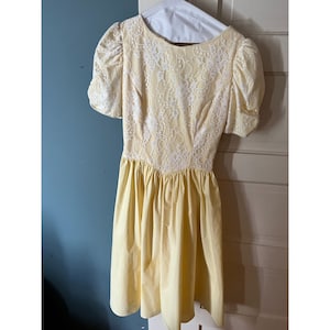 60s-70s Vintage Formal Yellow Beaded Bodice Midi Dress with Bow