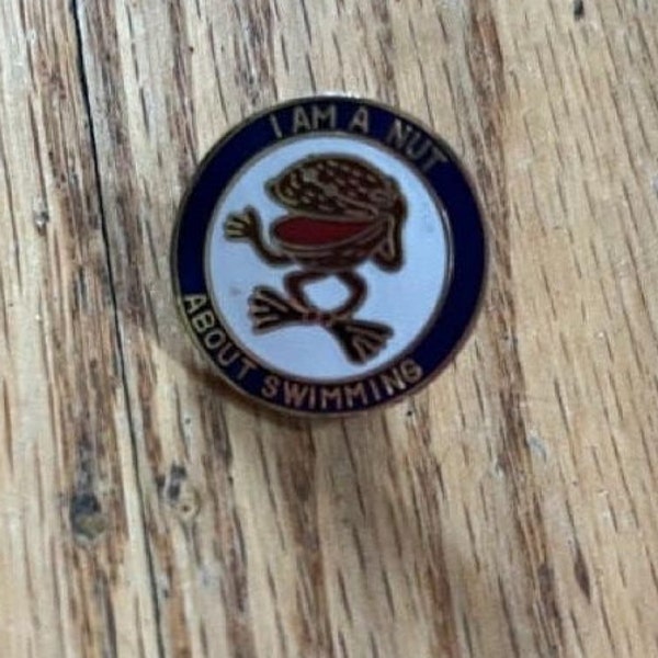 Vintage "I Am A Nut for Swimming" Round Enamel Pin with Backing
