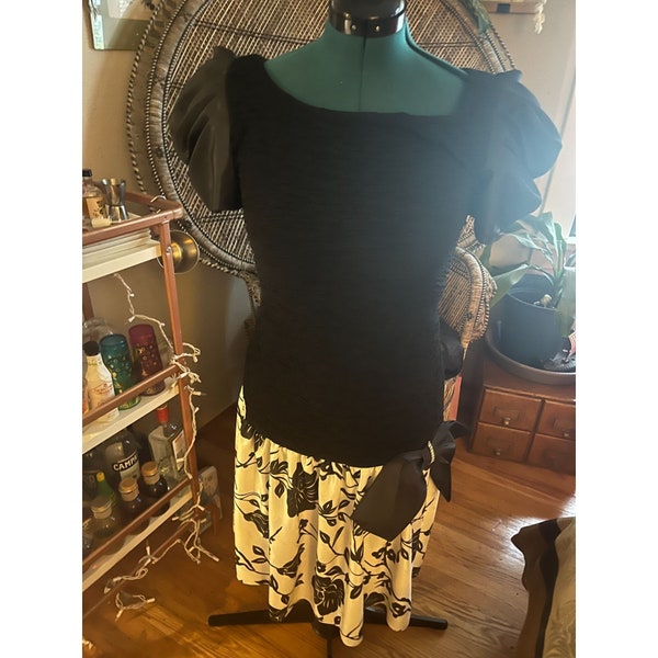 Vintage 80s Drop Waist + Huge Sleeves Party Dress with Drop Waist, Stretchy Top, Floral Satin Midi Skirt