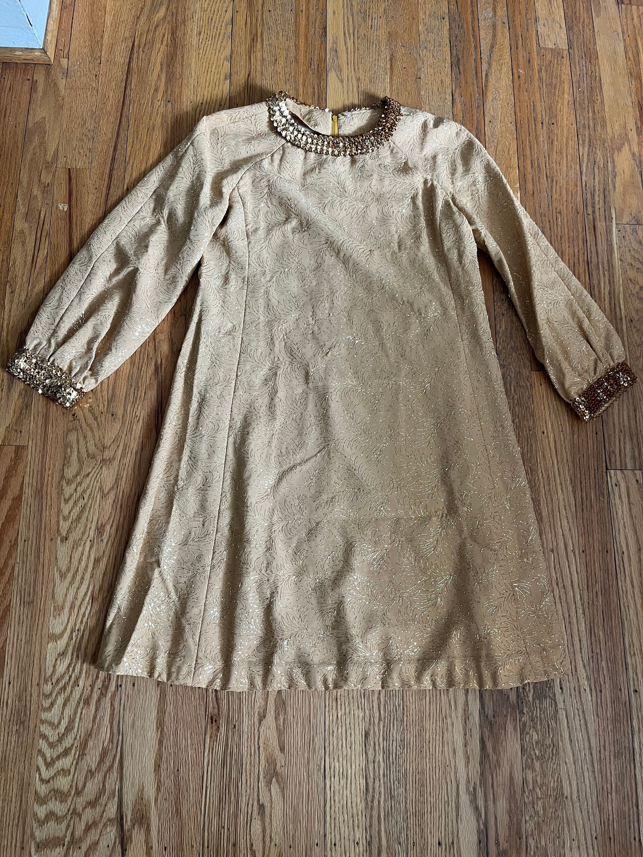 Vintage Gold Dress With Gold Thread Designs and Gold Sequin Encrusted  Collar and Cuffs Xs-small - Etsy