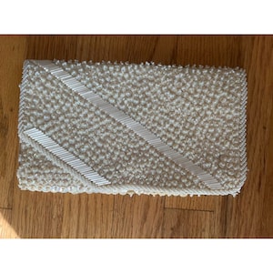 Vintage Sequin + Beaded Cream/Off-White Clutch with Snap Closure Made in Hong Kong
