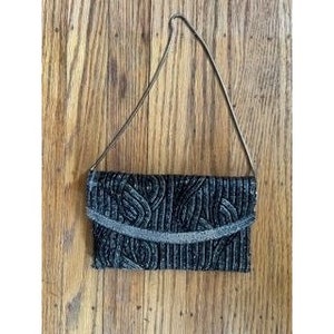 Vintage Eveningwear Deco Style Black + Silver Beaded Clutch with Chain