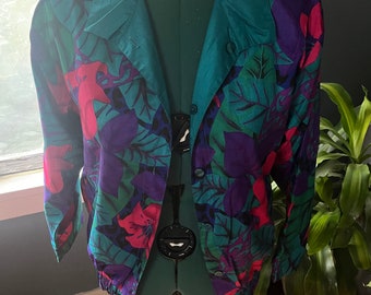 Vintage 80s Bold Multicolored Reversible Teal + Tropical Floral Windbreaker Jacket L-XL
