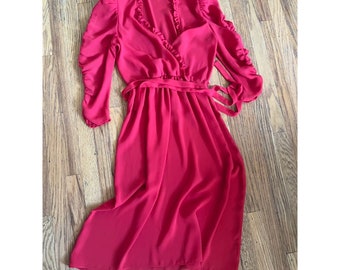 Vintage 80s Cherry Red Deep-V Ruffle Casual Long-Sleeve Dress with Belt