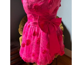 Y2K BarbieCore Pink Tulle, Satin, Sequin & Floral Layered Strapless Mini Prom Dress with Large Bow