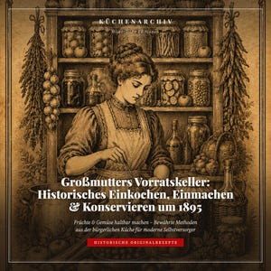 May include: A sepia-toned illustration of a person in an apron preparing preserves in a kitchen with shelves of glass jars. The text reads: KÜCHENARCHIV, Großmutters Vorratskeller: Historisches Einkochen, Einmachen & Konservieren um 1895, Früchte & Gemüse haltbar machen, HISTORISCHE ORIGINALREZEPTE.