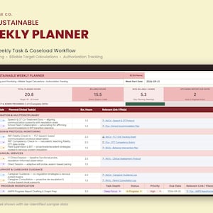 May include: A digital weekly planner template titled The Sustainable Weekly Planner by Felt Sense Co. The interface displays BCBA weekly task and caseload workflow sections, including billable hours, client initials, clinical tasks, and due dates.