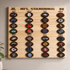 May include: A rectangular light-coloured wooden board titled NFL STANDINGS with columns for AFC and NFC divisions. It features rows of small, dark brown, football-shaped magnets, each displaying a different NFL team logo in full colour.
