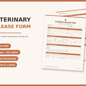 Könnte beinhalten: Ein tierärztliches Freigabeformular mit Pfotenabdruck-Symbol, das Abschnitte für Tierhalterinformationen, Tierdaten, den behandelnden Tierarzt und eine Notfallklinik enthält, mit Textfeldern für medizinische Autorisierungen auf hellem Grund.