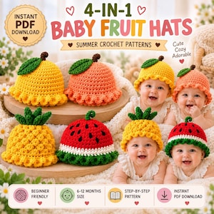Molde de gorro de crochê para bebê em PDF, 4 gorros de frutas: limão, pêssego, abacaxi e melancia. Ideal para fotos de recém-nascidos, presente para chá de bebê e como gorro de amigurumi.
