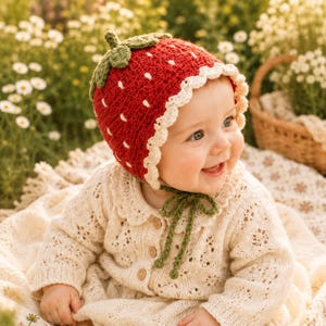 May include: A red crocheted strawberry bonnet with white embroidered seeds, a green crocheted stem on top, and a scalloped cream-coloured trim. The bonnet features green crocheted ties that fasten under the chin, creating a textured, handmade appearance.