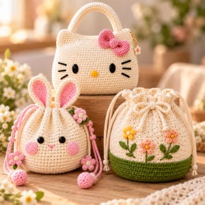 Crochet Bag Pattern Bundle, Bunny Bag, Kitty Purse & Floral Drawstring Bag PDF, Crochet Purse Pattern, Easy Handmade Bag Tutorial Instant PD