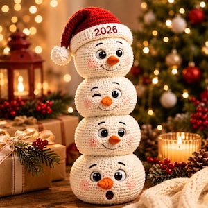 May include: A stacked crochet snowman figurine featuring four round white segments with embroidered facial expressions, orange carrot-shaped noses, and pink cheeks. The top segment wears a red and white crochet hat with the year 2026 embroidered.