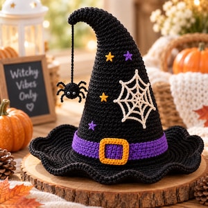 Crochet Witch Hat Pattern, Halloween Witch Hat PDF, Gothic Costume Hat, Curly Tip, Spiderweb & Spider, Adult Child Sizes, Instant Download