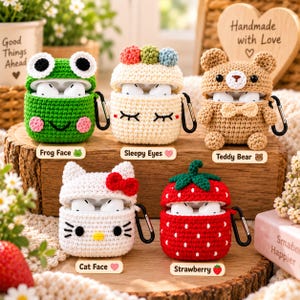 Crochet AirPods Case, Cute AirPods Pro Cover, Frog Teddy Bear Cat Strawberry Earbuds Holder, Handmade Gift for Women, Kawaii AirPods Sleeve