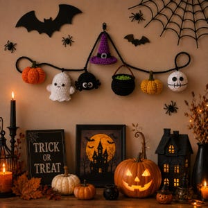 Crochet Halloween Garland Pattern PDF, Ghost Pumpkin Spider Bunting, Amigurumi Witch Hat Cauldron Banner, Fall Decor, Instant Download Etsy