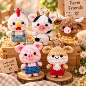 Crochet Farm Animal Keychain Pattern Bundle, Amigurumi Cow Pig Chicken Goat PDF Pattern, Cute Animal Keychain Crochet Tutorial, Keychain DIY