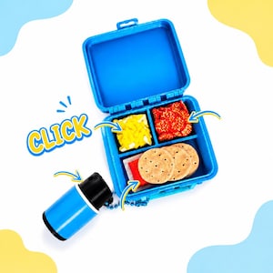 May include: A bright blue plastic lunch box with an open lid and three internal compartments containing yellow shredded cheese, red pepperoni slices, and three round crackers. A small blue and black cylindrical container sits nearby with the text CLICK.